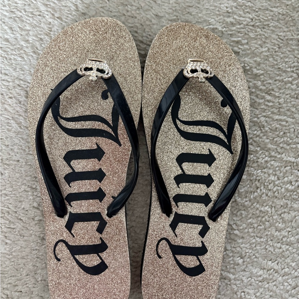 Juicy Couture Black and Gold Sandals with Gothic Design